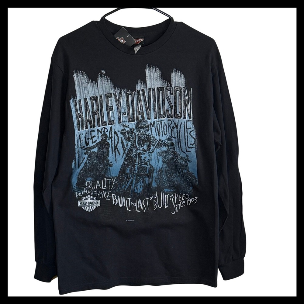Harley-Davidson Mens Black Long Sleeve Graphic T-Shirt Motorcycle Sketch Medium